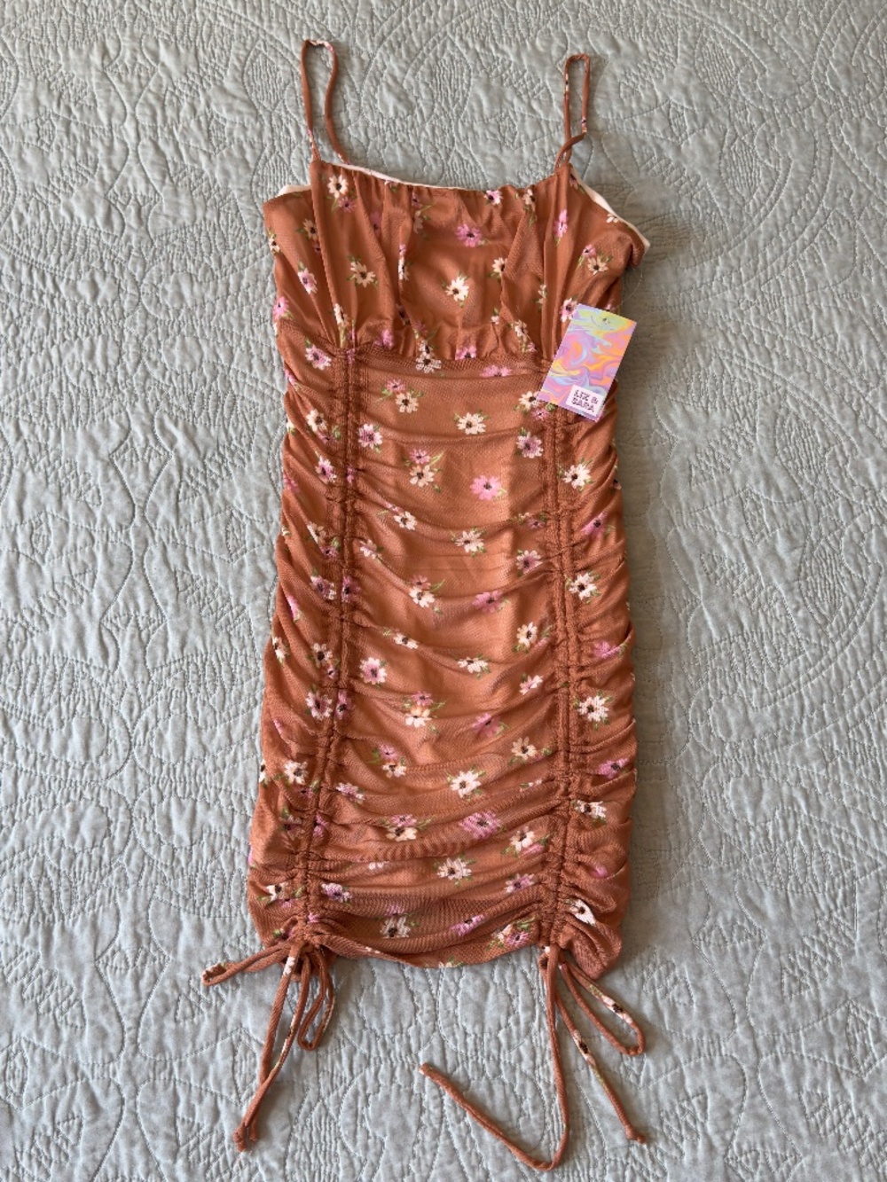 LIZ & SARA spaghetti strap floral print nude ruched mini bodycon dress size M